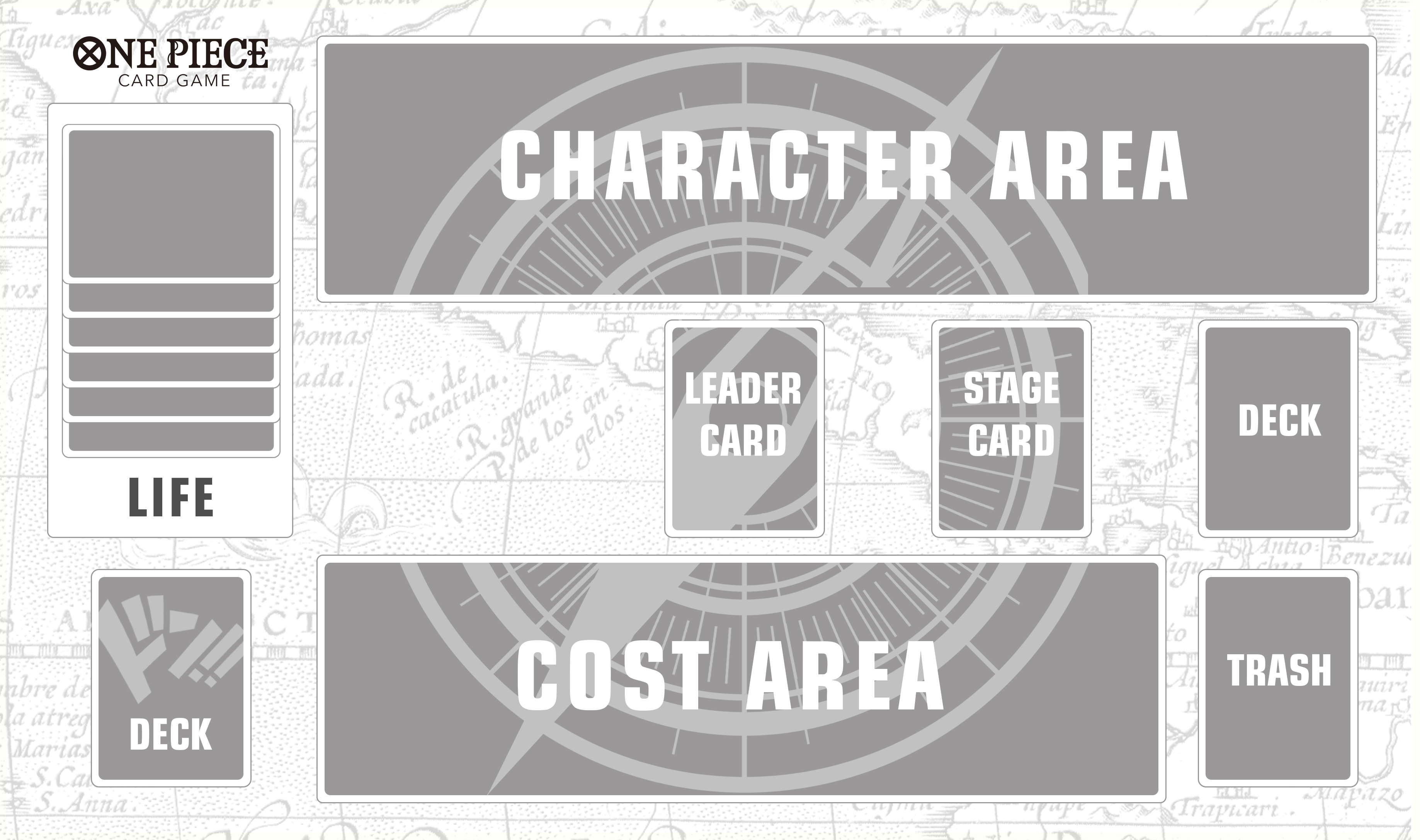 Official One Piece TCG playmat showing all 8 field zones